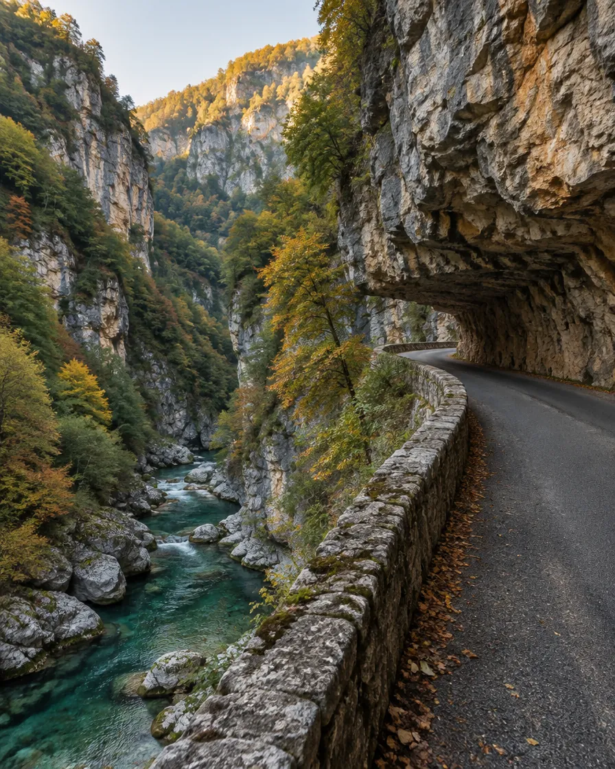 La route des gorges de la Bourne, taillée dans la falaise