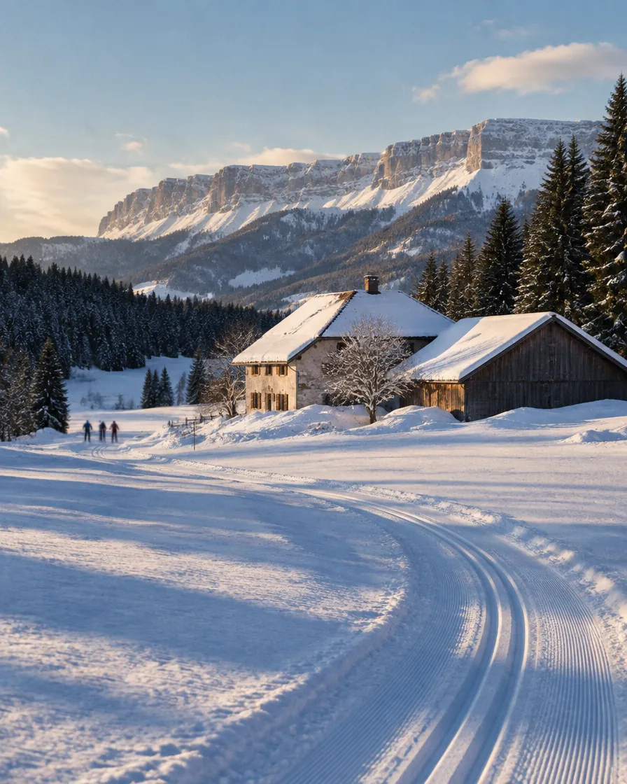 Cross-country ski trail on the Vercors plateau in winter
